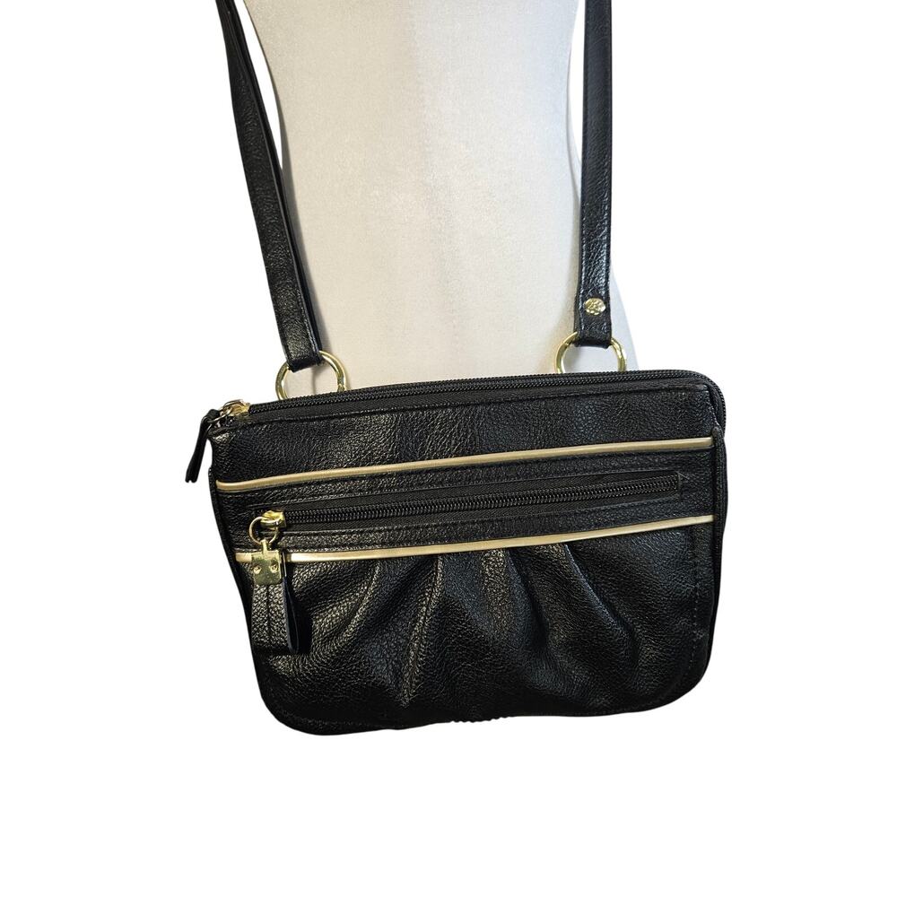 Relic Women's Crossbody Bag Black with Gold Piping Zippers Pockets Adj Strap